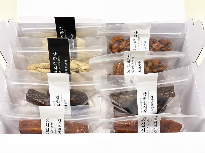 강화질시루 다 먹을래 패키지 콩고물도라지정과 호두정과 페스츄리약과 한과세트 선물세트