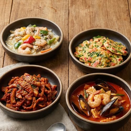 "이모카세 술안주세트-순수한반찬 짬뽕탕,크림새우가리비,오돌뼈볶음,맛살전 세트"